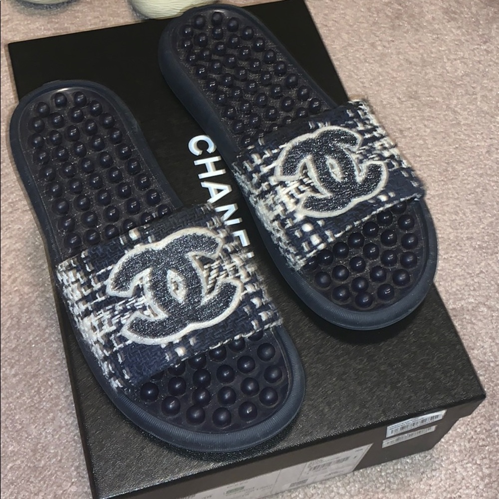 Chanel Tweed Navy Mule Slides from 2018